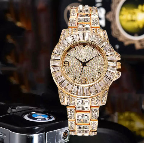 Iced Out Chain Paved Rhinestones Bling Watch Set for Men