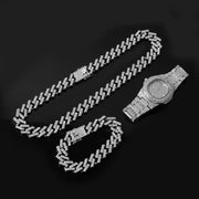 Watch +Chain+Bracelet Bling Iced Out Crystal 15MM Paved Rhinestone Zircon Set for Men