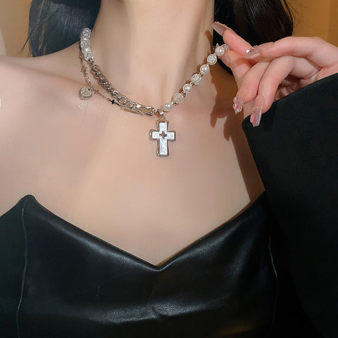 Cross & Heart Pearl & Chain Necklace