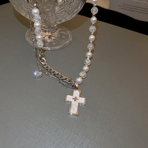 Cross & Heart Pearl & Chain Necklace