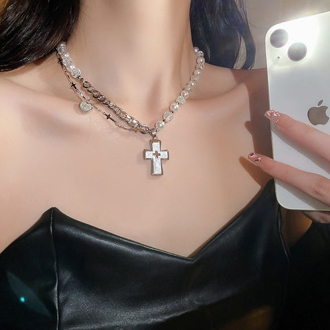 Cross & Heart Pearl & Chain Necklace