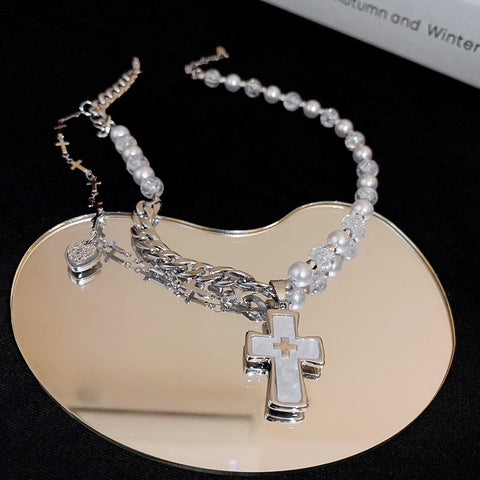 Cross & Heart Pearl & Chain Necklace