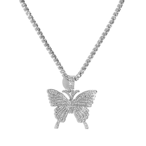 Big Rhinestone Butterfly Pendant Statement Tennis Chain Choker