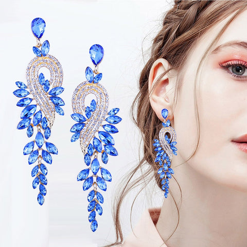 Luxury crystal leaf long drop earrings