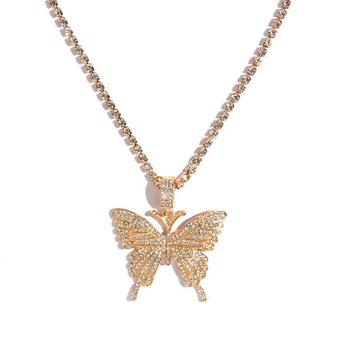 Big Rhinestone Butterfly Pendant Statement Tennis Chain Choker