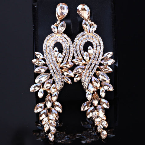 Luxury crystal leaf long drop earrings