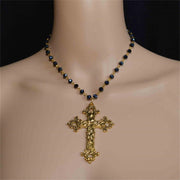 Large Detailed Cross Black Crystal  Pearl Rosary Necklace