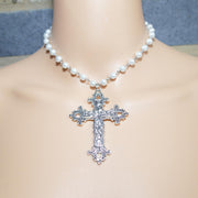 Large Detailed Cross Black Crystal  Pearl Rosary Necklace