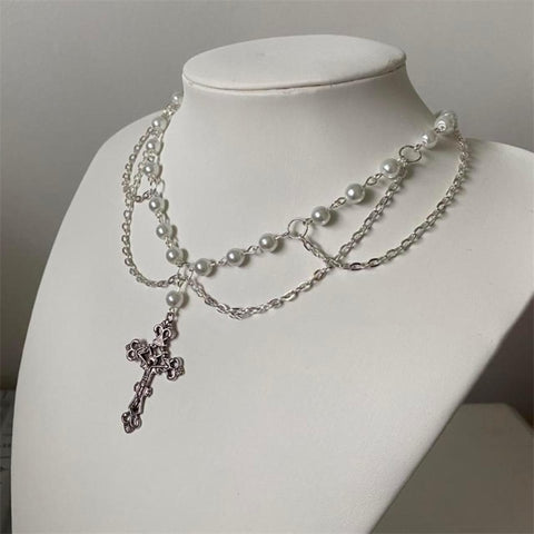 Victorian Handmade Pearl Layered CrossNecklace