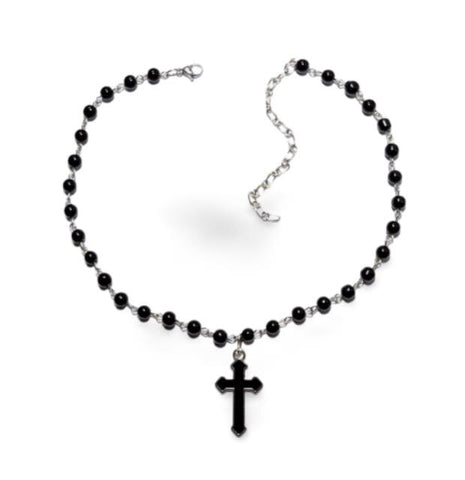 Large Black Rosary Statement Cross Necklace