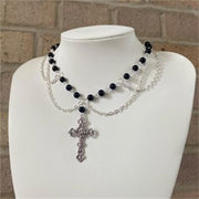 Victorian Handmade Pearl Layered CrossNecklace