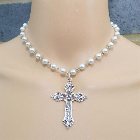 Large Detailed Cross Black Crystal  Pearl Rosary Necklace