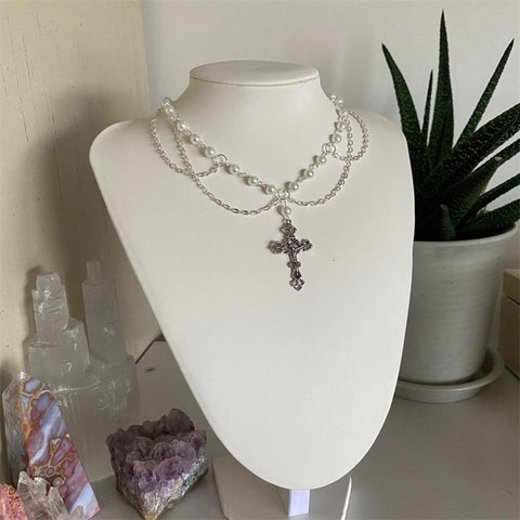 Victorian Handmade Pearl Layered CrossNecklace