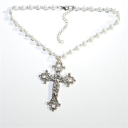 Large Detailed Cross Black Crystal  Pearl Rosary Necklace