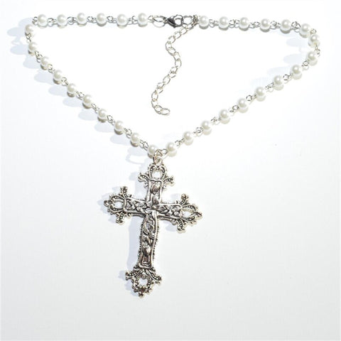 Large Detailed Cross Black Crystal  Pearl Rosary Necklace