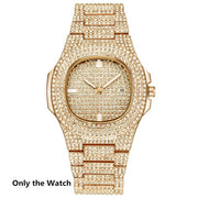 Gold Chain +Watch+Bracelet Chain Full Iced Out Paved Rhinestones CZ Bling For Men