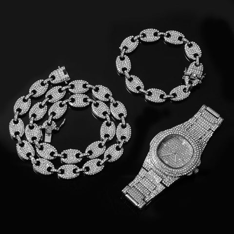 Watch +Chain+Bracelet Iced Out Alloy Rhinestone Bling Chain Set for Men