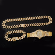 Watch +Chain+Bracelet Bling Iced Out Crystal 15MM Paved Rhinestone Zircon Set for Men