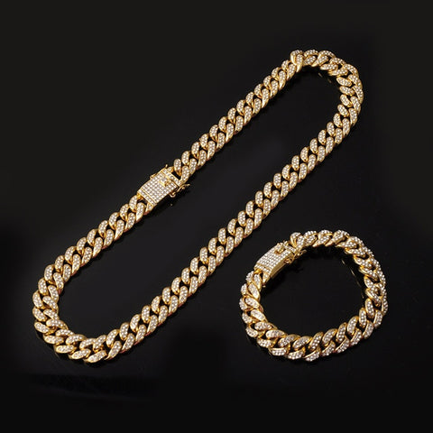 Iced Out Paved Rhinestones 1Set 8MM 13MM Full Cuban Chain CZ Bling