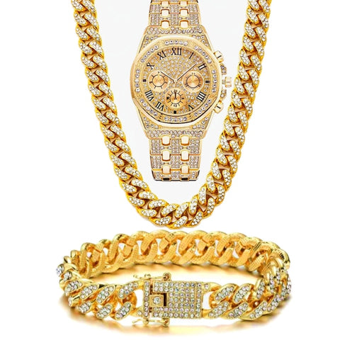 Luxury Iced Out Watch Bling CZ  Big Chain Paved Rhinestones Set for Men