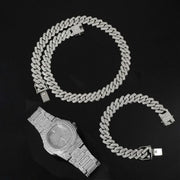 Watch +Chain+Bracelet Bling Iced Out Crystal 15MM Paved Rhinestone Zircon Set for Men