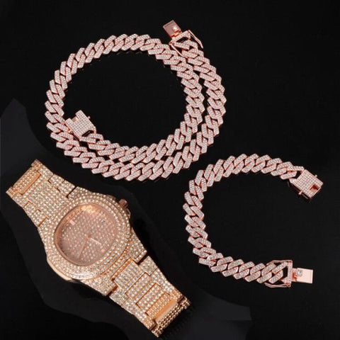 Watch +Chain+Bracelet Bling Iced Out Crystal 15MM Paved Rhinestone Zircon Set for Men