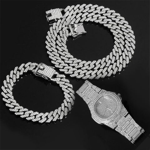 Watch +Chain+Bracelet Bling Iced Out Crystal 15MM Paved Rhinestone Zircon Set for Men