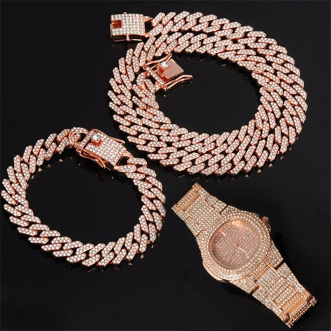 Watch +Chain+Bracelet Bling Iced Out Crystal 15MM Paved Rhinestone Zircon Set for Men