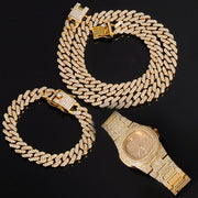 Watch +Chain+Bracelet Bling Iced Out Crystal 15MM Paved Rhinestone Zircon Set for Men