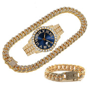 Full Iced Out Watch, Chain, Bracelet Bling Set for Men