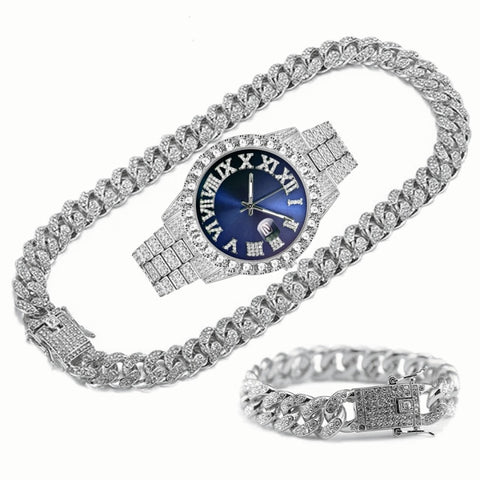 Full Iced Out Watch, Chain, Bracelet Bling Set for Men