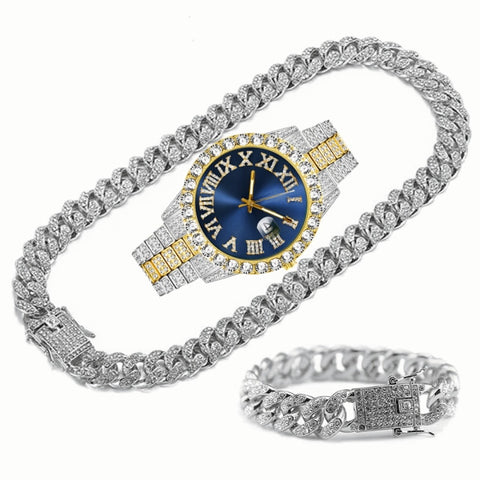 Full Iced Out Watch, Chain, Bracelet Bling Set for Men