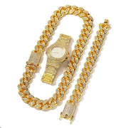 Iced Out Chain Paved Rhinestones Bling Watch Set for Men