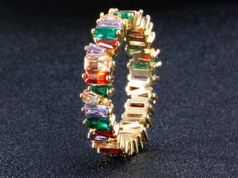 Fashion Luxury Multicolor Charm AAA Baguette Cubic Zirconia T Shape Stone Ring