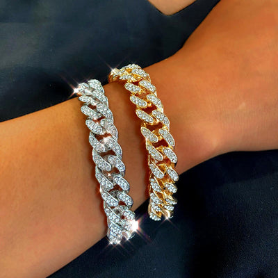 Luxury 12mm Iced Out Link Chain Gold & Silver Color Bling Rhinestone Unisex Bracelet