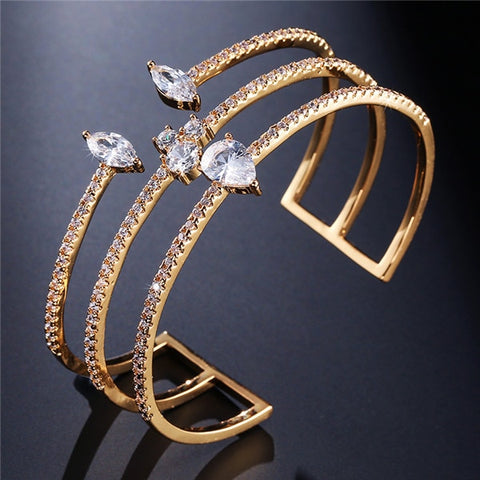 Luxury Round Shape Clear Micro Pave Zirconia Stone Open Cuff Rings & Bracelets